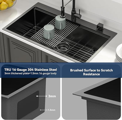 Lordear 36 Inch Black Drop In Kitchen Sink - 36x22x10 Inch Drop in Top Mount Sink 16 Gauge Stainless Steel Single Bowl Ledge Worktation Kitchen Sinks Handmade Deep Basin With Cutting Board