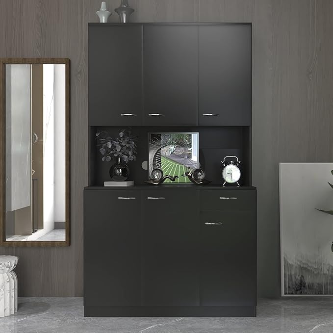 71" Tall Kitchen Pantry Cabinet,Sideboard Buffet Cabinet with 6 Doors and Shelves,Kitchen Island with Microwave Stand,Kitchen Hutch Storage Cabinet with 1 Drawer for Kitchen,Kitchen Cabinet (Black)