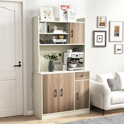 LOKO Kitchen Storage Cabinet with Charging Station, 71" Tall Pantry Hutch with Adjustable Shelves, 3 Cabinets & Cable Holes, Freestanding Cupboard Organizer for Kitchen, Dining Room