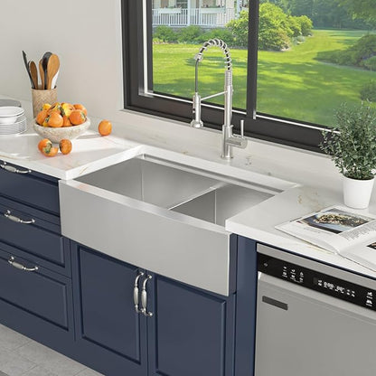 Lordear 33 Farmhouse Sink Double Bowl 33 Inch Farm Kitchen Sink Workstation Apron Front Stainless Steel 16 Gauge Low Divide 50/50 Double Kitchen Farm Sinks 33X22X10 Inch (Apron Height is 9 inch)