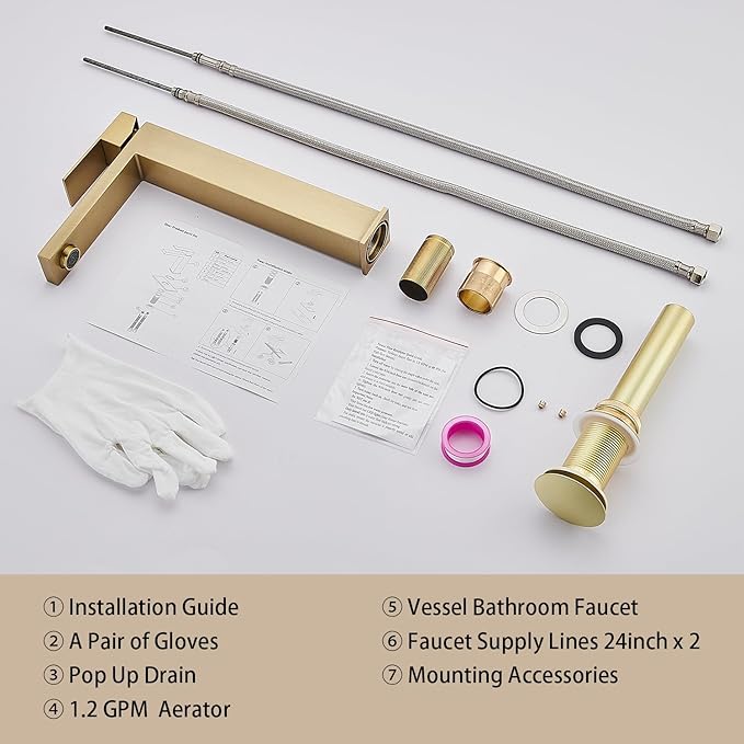 AVSIILE Brushed Gold Vessel Sink Faucet, 1 Hole Single Handle Tall Bathroom Vanity Faucets, Modern Utility Rv Laundry Bath Restroom Mixer Tap with Metal Pop Up Drain and 2 Water Supply Lines