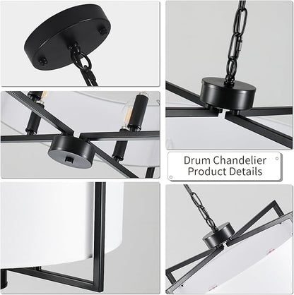 19.7" Drum Pendant Light Fixture, 4 Light Drum Chandelier with Wihte Fabric Lampshade, Farmhouse Kitchen Island Chandeliers over Table Black Hanging Lights Fixture for Dining Room Bedroom Living Room