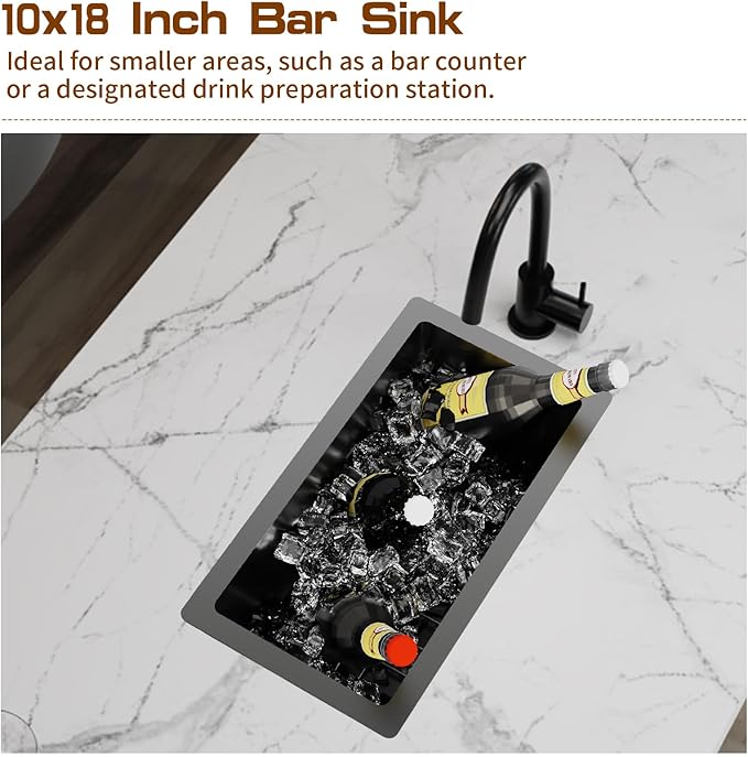 Black Kitchen And Bar Sink,10x18 Inch Stainless Steel Drop In Single Bowl Undermount RV Prep Small Kitchen&Bar Sink Ideal Choice For Small Space Come With Bottom Grid,Soap Mat And Drain Assembly