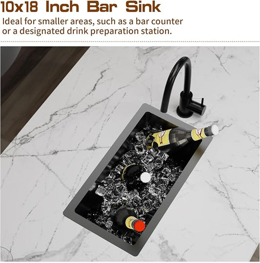 Black Kitchen And Bar Sink,10x18 Inch Stainless Steel Drop In Single Bowl Undermount RV Prep Small Kitchen&Bar Sink Ideal Choice For Small Space Come With Bottom Grid,Soap Mat And Drain Assembly