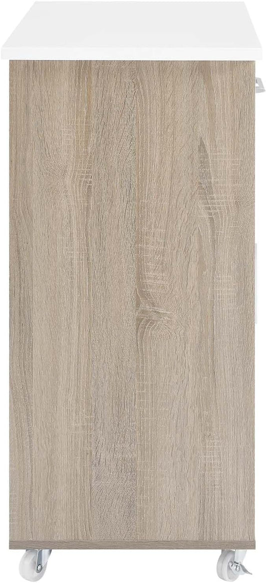 Modway Culinary Rolling Kitchen Cart with Storage in Oak White - 3 Tiers Kitchen Island on Wheels with Towel Bar, Functional as a Coffee Station, Bar Cabinet or Butcher Block Island