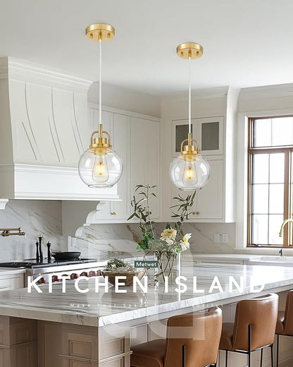 2 Pack Pendant Lights Kitchen Island, 7" Brushed Gold Pendant Light Fixtures Over Island with Globe Clear Glass Shade, Brass Hanging Lights for Dining Room Entryway, PL125-BG-2PK