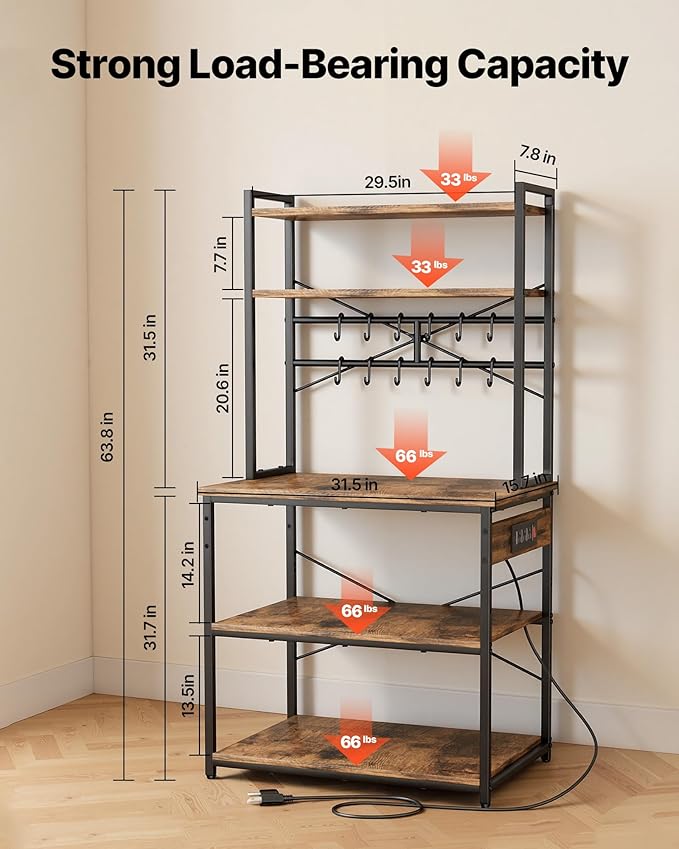 VEVOR Kitchen Bakers Rack with Power Outlets, 31.5 x 15.7 x 63.7Inch Microwave Stand with Built-in Power Strip & 5 Ft Cord, 12 S-Shaped Hooks, for Dish Storage, Spice Jars, Coffee Bar Organization