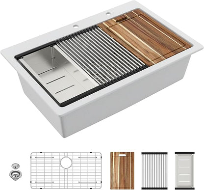 Sarlai 33 Granite Composite Kitchen Sink - 33 x22 Inch Granite Drop In Kitchen Sink Topmount Ledge Workstation White Sinks Quartz Classic Above Counter Single Bowl Basin With Accessories