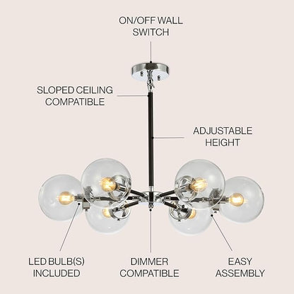 JONATHAN Y 28" Chrome/Black Modern 6-Light Cluster Pendant Chandelier, Clear Glass Shade Hanging Fixture for Kitchen Island Dining Room, LED Bulbs Included, Dimmable (JYL9059A)