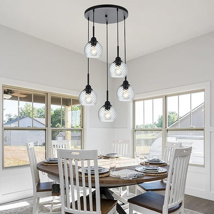 5 Light Cluster Pendant Light with Striped Swirl Globe Glass Black Pendant Lighting for Kitchen Island, Modern Dining Room Light Fixtures Over Table Hanging Ceiling Light, E26 Base