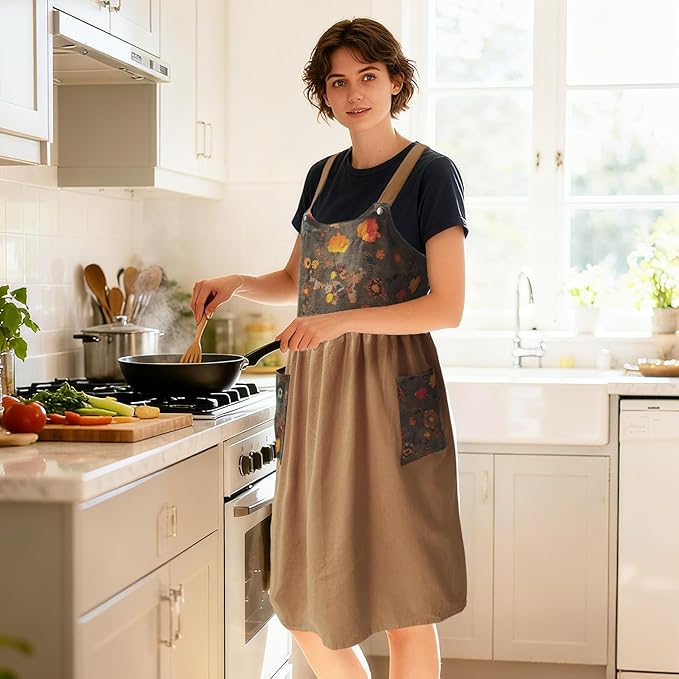 Cityelf Vintage Pinafore Apron Dress Snap Adjust Linen Cotton with Pockets Floral Aprons for Cooking Gardening