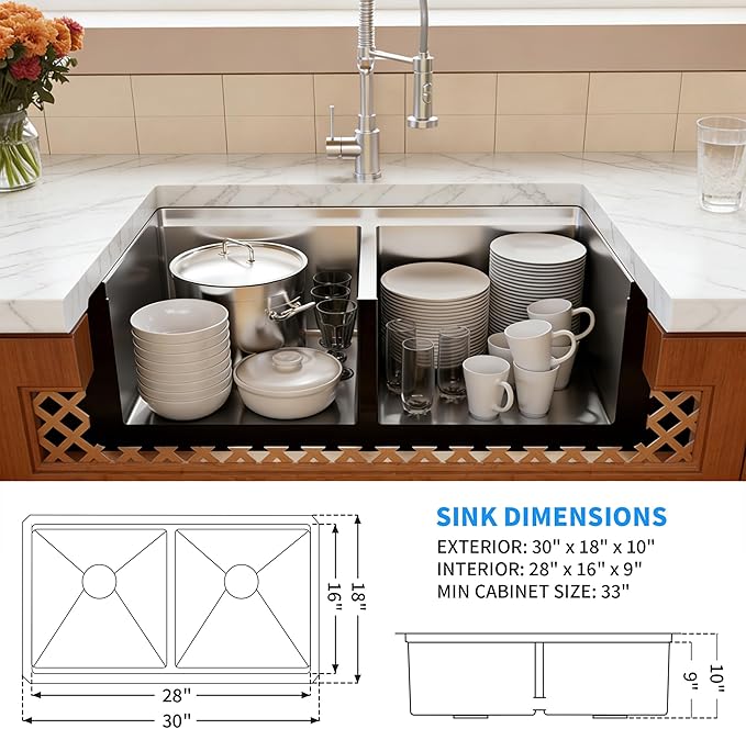 30 Inch Sink Undermount Double Bowl, 16 Gauge 50/50 Double Bowl Stainless Steel Workstation Sink, 30"x18"x10" Large and Deep Kitchen Sink With Accessories
