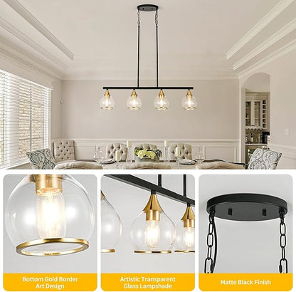 Island Light for Kitchen, 4-Light Kitchen Island Chandeliers Black and Gold Linear Hanging Pendant Light, Matte Black Farmhouse Dining Room Light Fixture Over Table with Clear Round Glass Shades