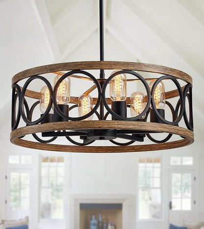 MEIXISUE Modern Farmhouse Drum Chandelier Black and Retro Wood Finish 6-Lights Round Metal Antique Vintage Chandelier Light Fixtures for Kitchen Dining Room Living Room Bedroom