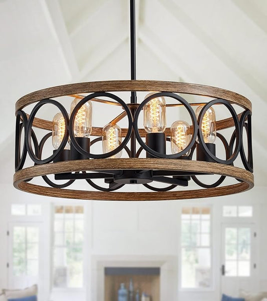MEIXISUE Modern Farmhouse Drum Chandelier Black and Retro Wood Finish 6-Lights Round Metal Antique Vintage Chandelier Light Fixtures for Kitchen Dining Room Living Room Bedroom