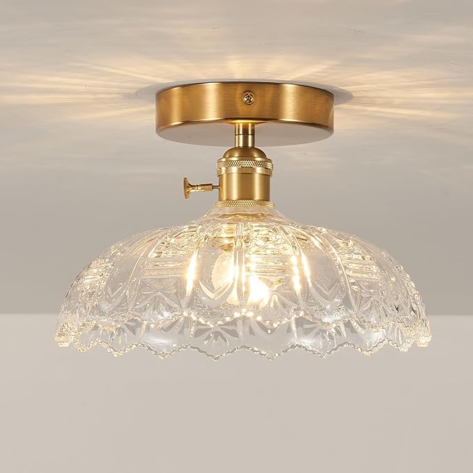 Semi Flush Mount Ceiling Light, Gold Vintage Hallway Light Fixture with Clear Water Lily Glass Lampshade Brass Modern Ceiling Light Fixtures for Porch Kitchen Bedroom Hallway