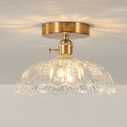 Semi Flush Mount Ceiling Light, Gold Vintage Hallway Light Fixture with Clear Water Lily Glass Lampshade Brass Modern Ceiling Light Fixtures for Porch Kitchen Bedroom Hallway