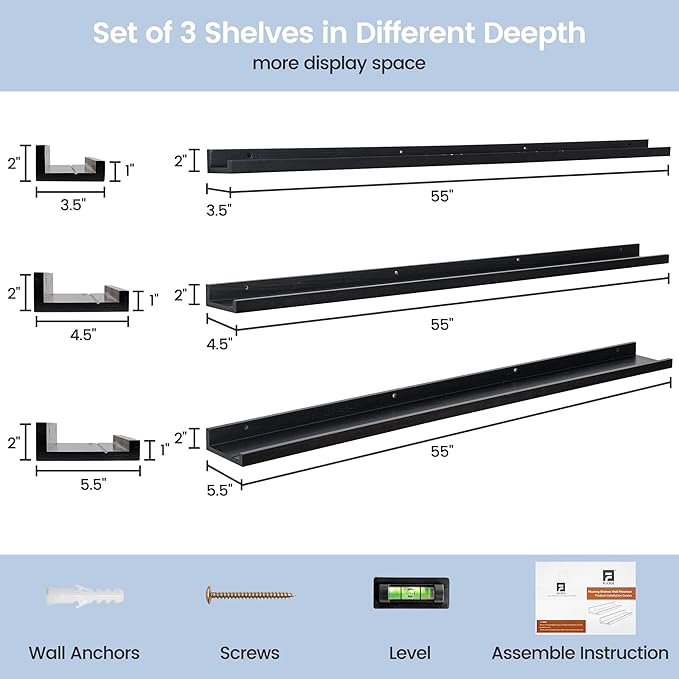FLYJOE Picture Ledge Wall Shelves 56 Inches Width Set of 3, Solid Pine Wood Rustic Floating Ledge for Kids' Room Bedroom Kitchen Bathroom, Long Floating Shelves for Wall Decor, Black