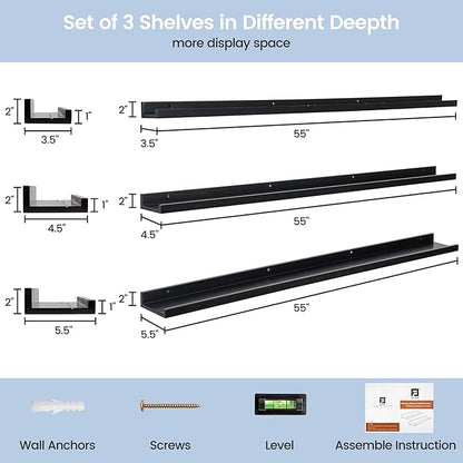 FLYJOE Picture Ledge Wall Shelves 56 Inches Width Set of 3, Solid Pine Wood Rustic Floating Ledge for Kids' Room Bedroom Kitchen Bathroom, Long Floating Shelves for Wall Decor, Black