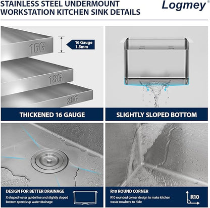Logmey 15" RV Outdoor Kitchen Sink Undermount with Foldable Faucet and Cover,16 Gauge Stainless Steel Handmade 15x17 Single Bowl Sink for Outdoor Kitchen,Patio,Camper