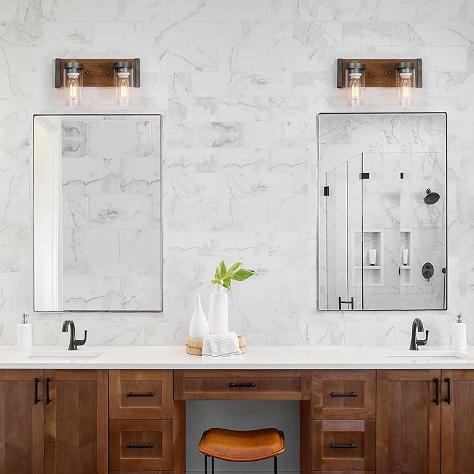 LOG BARN Rustic Bathroom Light Fixtures, 2 Light Farmhouse Vanity Lights for Bathroom with Clear Textured Glass Lampshade, 14 Inch Faux Wood Bathroom Lighting Lights Over Mirror