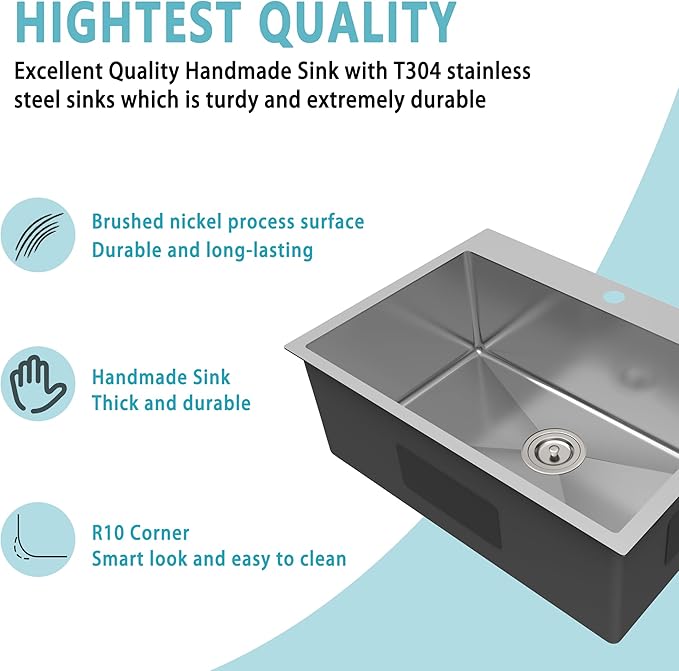 28x20 Drop In Kitchen Sink, 18 Gauge T304 Stainless Steel Top Mount Single Bowl, 9 Inch Deep, R10 Corners, Quiet & Anti-Condensation, with Bottom Grid & Basket Strainer