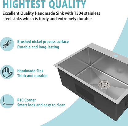 28x20 Drop In Kitchen Sink, 18 Gauge T304 Stainless Steel Top Mount Single Bowl, 9 Inch Deep, R10 Corners, Quiet & Anti-Condensation, with Bottom Grid & Basket Strainer