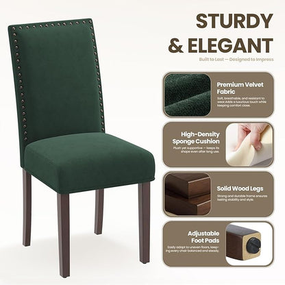 COLAMY Green Velvet Dining Chairs Set of 4 – Upholstered Kitchen & Dining Room Chairs with Nailhead Trim, Soft High-Density Cushion and Solid Wood Legs for Dining Room, Kitchen, Living Room