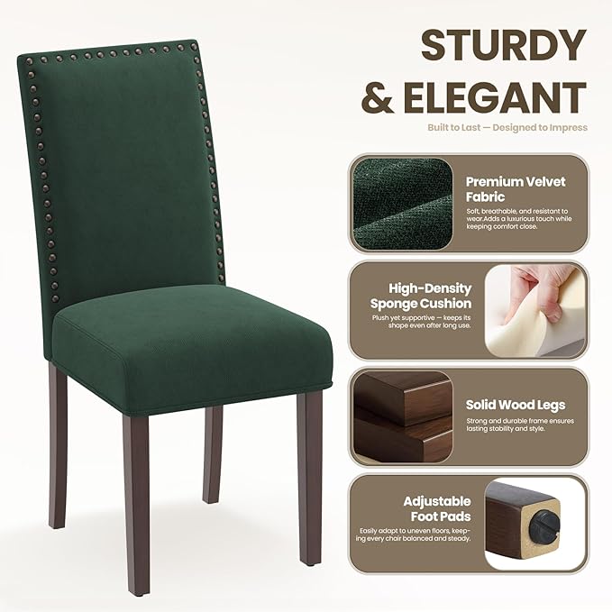 COLAMY Green Velvet Dining Chairs Set of 6 – Upholstered Kitchen & Dining Room Chairs with Nailhead Trim, Soft High-Density Cushion and Solid Wood Legs for Dining Room, Kitchen, Living Room