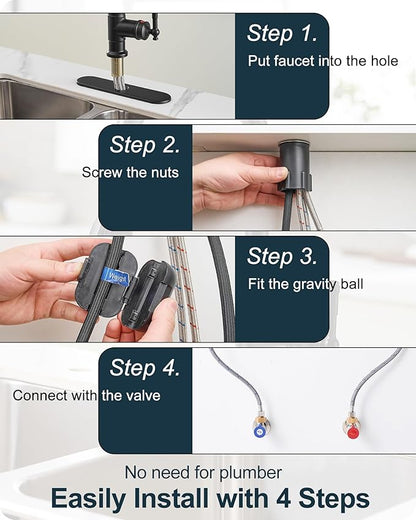 3 Function Black Kitchen Sink Faucet, 360 Degree Swivel Kitchen Faucets with Pull Down Sprayer, Single Handle with Deck Plate for 1 or 3 Hole, Stainless Steel