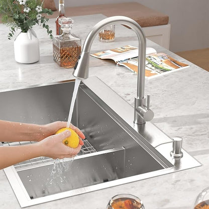33 Inch Drop-In Double Bowl Kitchen Sink, 16 Gauge 304 Stainless Steel 60/40 Low Divide Workstation All-In One Large Sink with Accessories, Brushed Nickel #TLDB-502