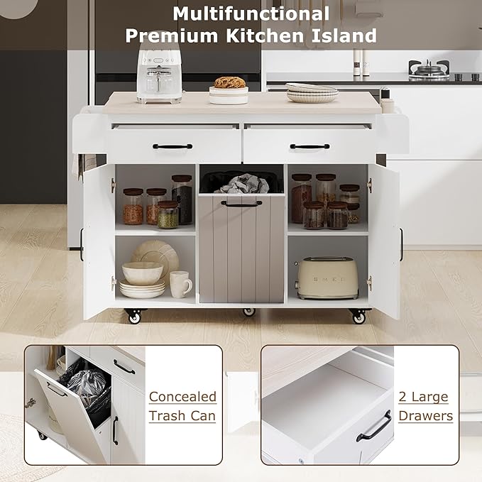 Ball & Cast Kitchen Island with Trash Can Storage Cabinet,Kitchen Cart W/Drop Leaf,Spice Rack,Towel Rack and Drawers,Rolling Kitchen Islands on Wheels W/Adjustable Shelf for Dining Room,White Oak