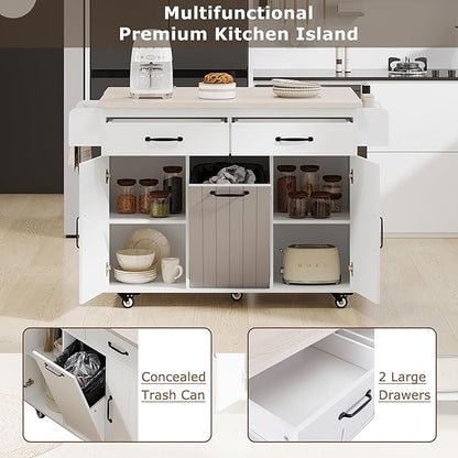 Ball & Cast Kitchen Island with Trash Can Storage Cabinet,Kitchen Cart W/Drop Leaf,Spice Rack,Towel Rack and Drawers,Rolling Kitchen Islands on Wheels W/Adjustable Shelf for Dining Room,White Oak
