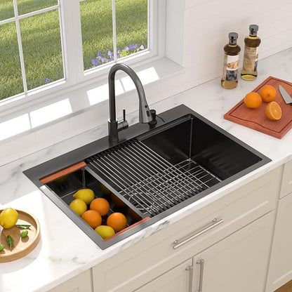Dcolora 33 Inch Black Kitchen Sink -33×22 Drop In Kitchen Sink With Faucet Topmount Stainless Steel Sinks Overmount Single Bowl Workstation Nano Coating Surface,DC-SFDOE00005