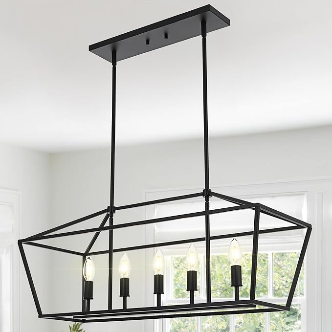 VINLUZ Farmhouse Kitchen Island Light,E12 5-Light Matte Black Finish Rustic Dining Room Chandelier Hanging Pendant Lighting Fixture Ceiling Light for Living Room Foyer Bedroom