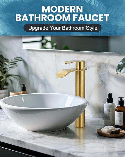 Vessel Sink Faucet Gold for Bathroom：WOWOW Single Handle Tall Bathroom Faucet - Waterfall Single Hole Mixer Bar Tap with Large Rectangular Spout, Deck Mount Lavatory Vanity with Pop Up Drain