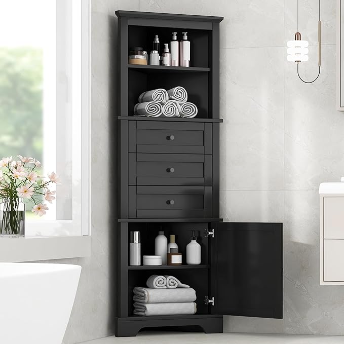 Storage Corner Cabinet with 3 Drawers and Door, Tall Line Pantry Home Space Saver for Bathroom, Living Room, Kitchen, Adjustable Shelf, Black