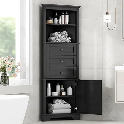 Storage Corner Cabinet with 3 Drawers and Door, Tall Line Pantry Home Space Saver for Bathroom, Living Room, Kitchen, Adjustable Shelf, Black