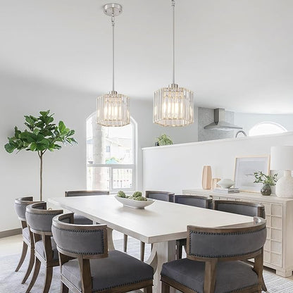 XSDeTu Brushed Nickel Pendant Light Fixtures, Modern Crystal Hanging Ceiling Light, 1-Light Mini Farmhouse Chandelier, Adjustable Hexagonal Island Lights for Kitchen, Dining Room, Bedroom, 2 Pcs