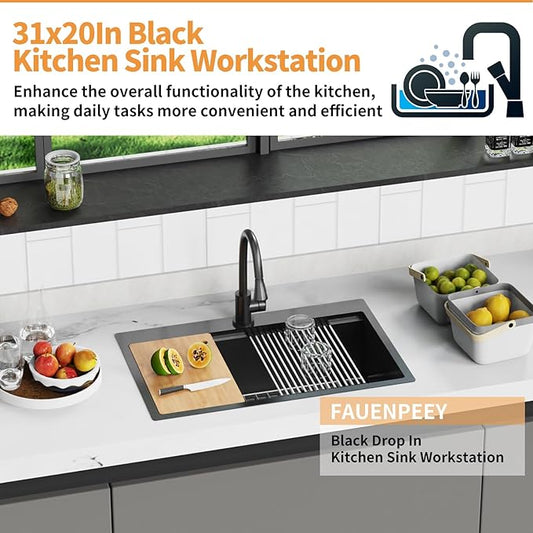 Black 31x20In Kitchen Sink Workstation-Stainless Steel Drop In Single Bowl Built-in Ledge Topmount Workstation Sink For Placing/Sliding Accessory-Cutting Board,Drying Rack,Convenient And Functional