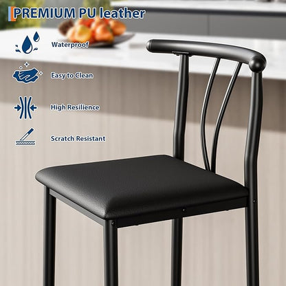 IDEALHOUSE 25.2" Bar Stools Set of 2 with Wide PU Upholstered Seat, Counter Height Bar Stools Set with Footrest & Curved Back, Metal Barstools Set for Kitchen Islands, Counter Bars, Black