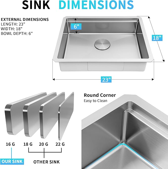 Undermount Kitchen Sink, 23" x 18" x 6" Single Bowl Workstation Sink with Accessories, 16 Guage T-304S Stainless Steel ADA-Compliant kitchen Sinks, 6 Inch Deep RV Kitchen Sink