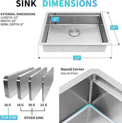 Undermount Kitchen Sink, 23" x 18" x 6" Single Bowl Workstation Sink with Accessories, 16 Guage T-304S Stainless Steel ADA-Compliant kitchen Sinks, 6 Inch Deep RV Kitchen Sink
