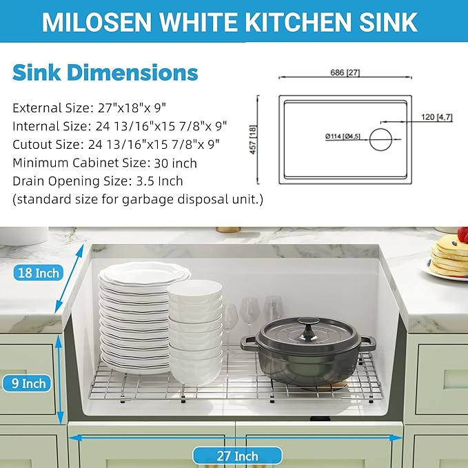 MILOSEN White Undermount Kitchen Sink, 27×18 Inch Integrated Workstation Ledge with Offset Drain, Granite Composite 9 Inch Under Counter Single Bowl Sinks Basin, Deep Quartz Sink with Accessories
