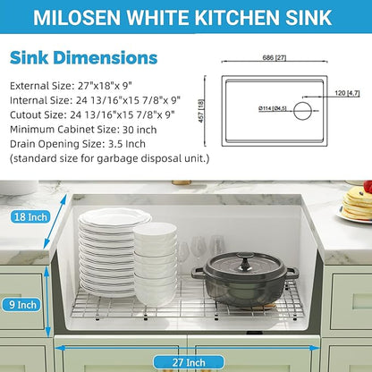 MILOSEN White Undermount Kitchen Sink, 27×18 Inch Integrated Workstation Ledge with Offset Drain, Granite Composite 9 Inch Under Counter Single Bowl Sinks Basin, Deep Quartz Sink with Accessories