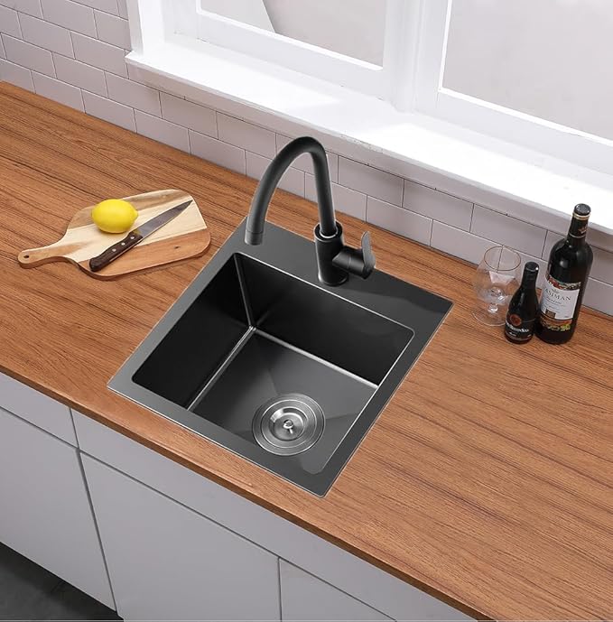 18x18 Inch Black Bar Sink Drop In, Topmount Stainless Steel Kitchen Sink, Square Small Kitchen Sinks, Single Bowl Kitchen Sinks for Laundry Wet Bar Prep RV Office Outdoor Yard with Grid & Drain