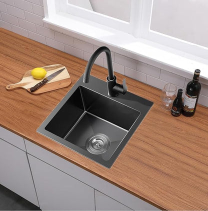 18x18 Inch Black Bar Sink Drop In, Topmount Stainless Steel Kitchen Sink, Square Small Kitchen Sinks, Single Bowl Kitchen Sinks for Laundry Wet Bar Prep RV Office Outdoor Yard with Grid & Drain