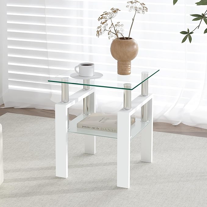 IANIYA Modern Glass Side Table, 2-Tier End Table with Tempered Glass Top & Metal Legs, Night Stand Corner Small Table for Living Room, Bedroom, Small Space White