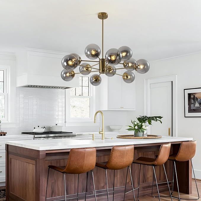 KCO Lighting Modern Large Sputnik Chandelier Gold Sputnik Ceiling Light Fixture 12-Lights Smoke Glass Globe Flush Mount Chandelier Mid Century Round Dining Room Chandelier