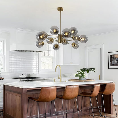 KCO Lighting Modern Large Sputnik Chandelier Gold Sputnik Ceiling Light Fixture 12-Lights Smoke Glass Globe Flush Mount Chandelier Mid Century Round Dining Room Chandelier